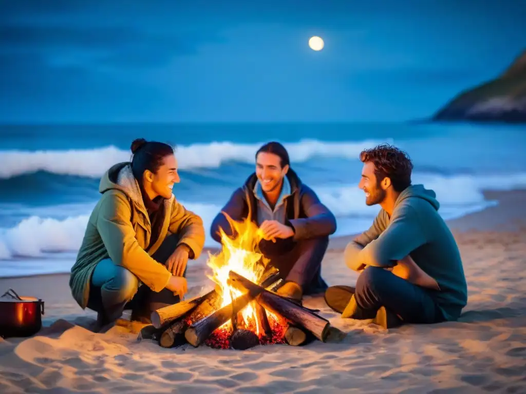 Un grupo de campistas escuchando historias alrededor de una fogata en la playa de Uruguay durante la noche