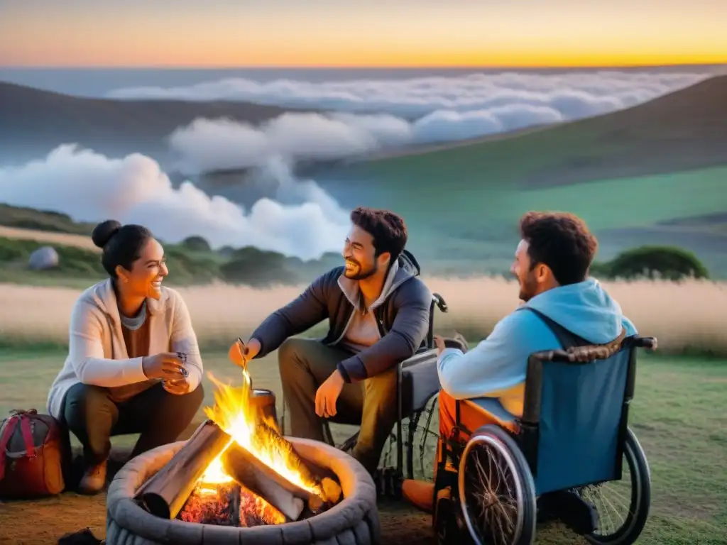 Un grupo de campistas diversos comparten historias alrededor de una fogata al atardecer, en un ambiente inclusivo y acogedor en el campo de Uruguay