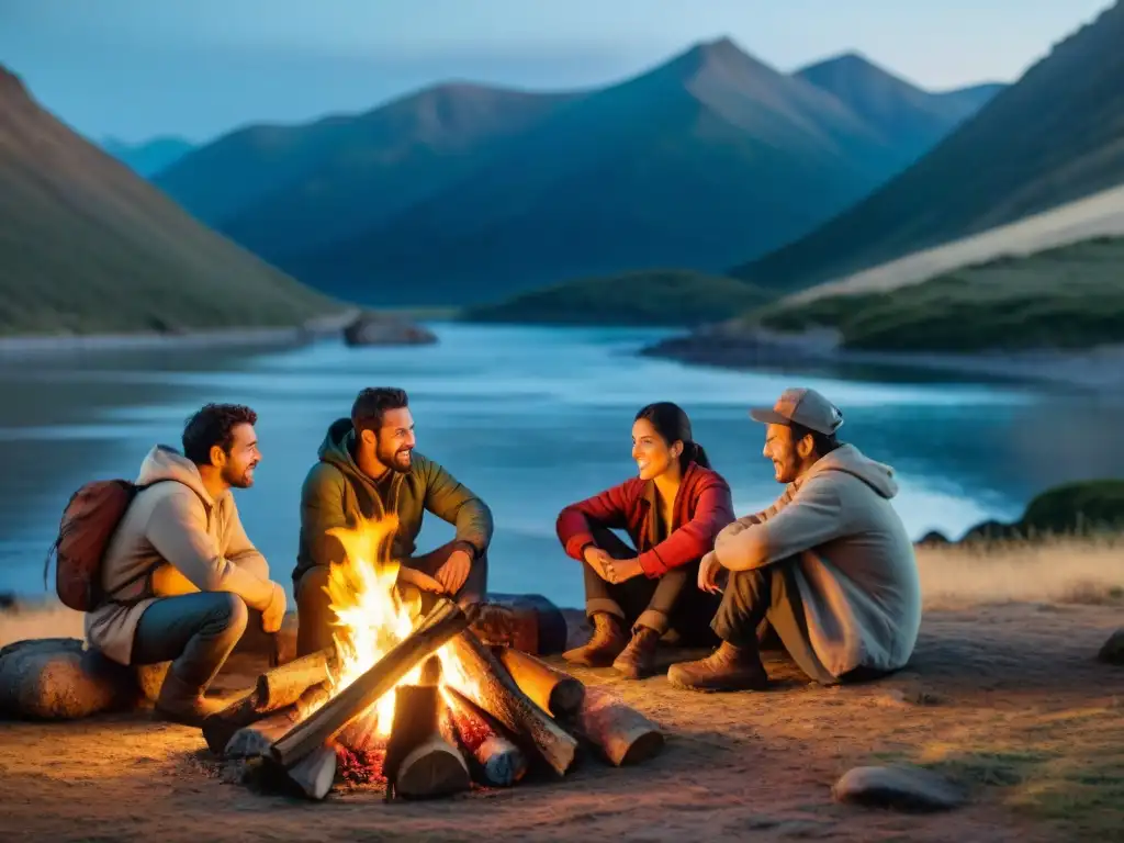 Grupo de campistas en Uruguay comparten historias alrededor del fuego, mostrando la camaradería y la supervivencia en la naturaleza