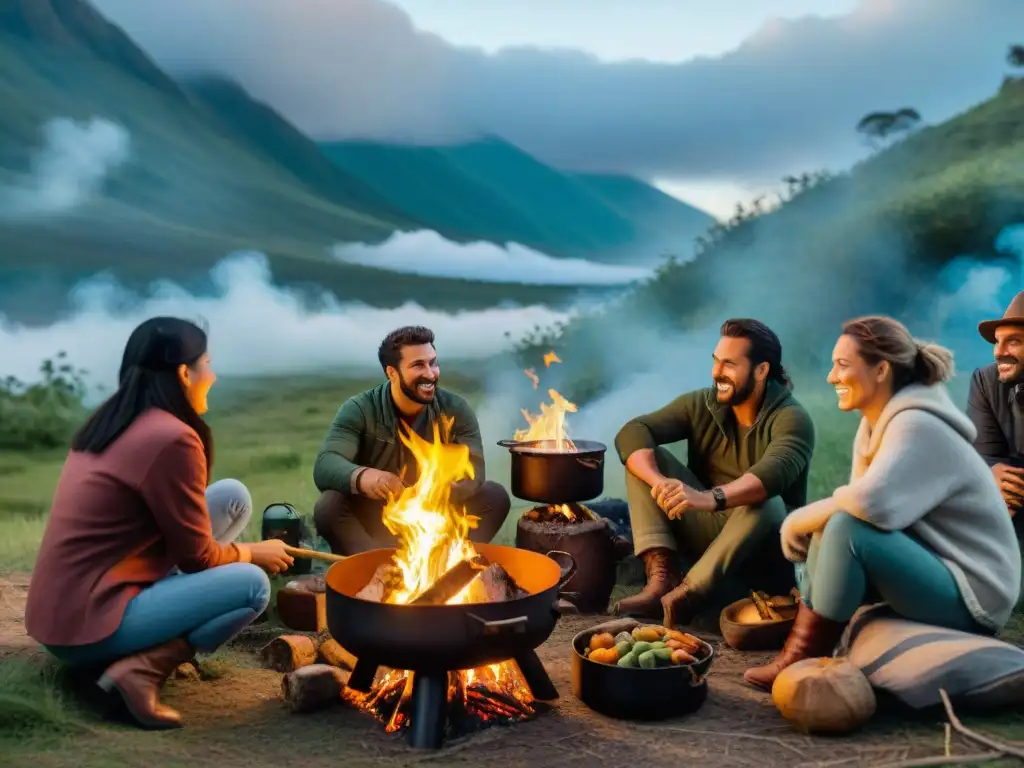 Grupo de campistas cocinando con ingredientes locales alrededor de fogata en camping en el bosque al anochecer