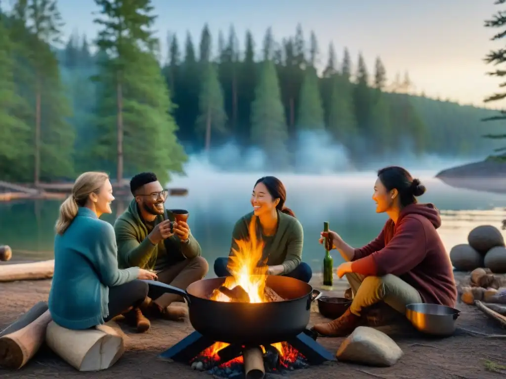 Grupo de campistas cocinando con ingredientes locales alrededor de fogata en el bosque en una experiencia culinaria única en camping