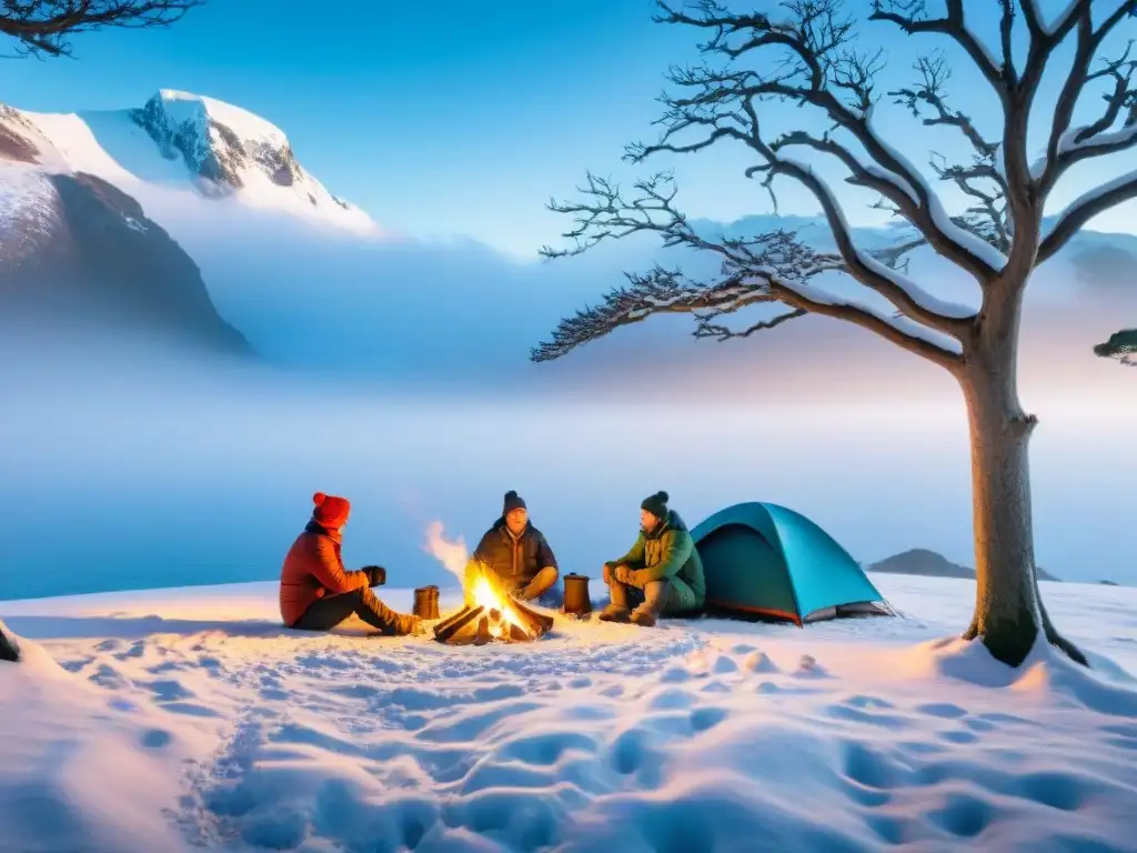 Un grupo de campistas disfruta del invierno en Uruguay, armando tiendas y preparando fogata