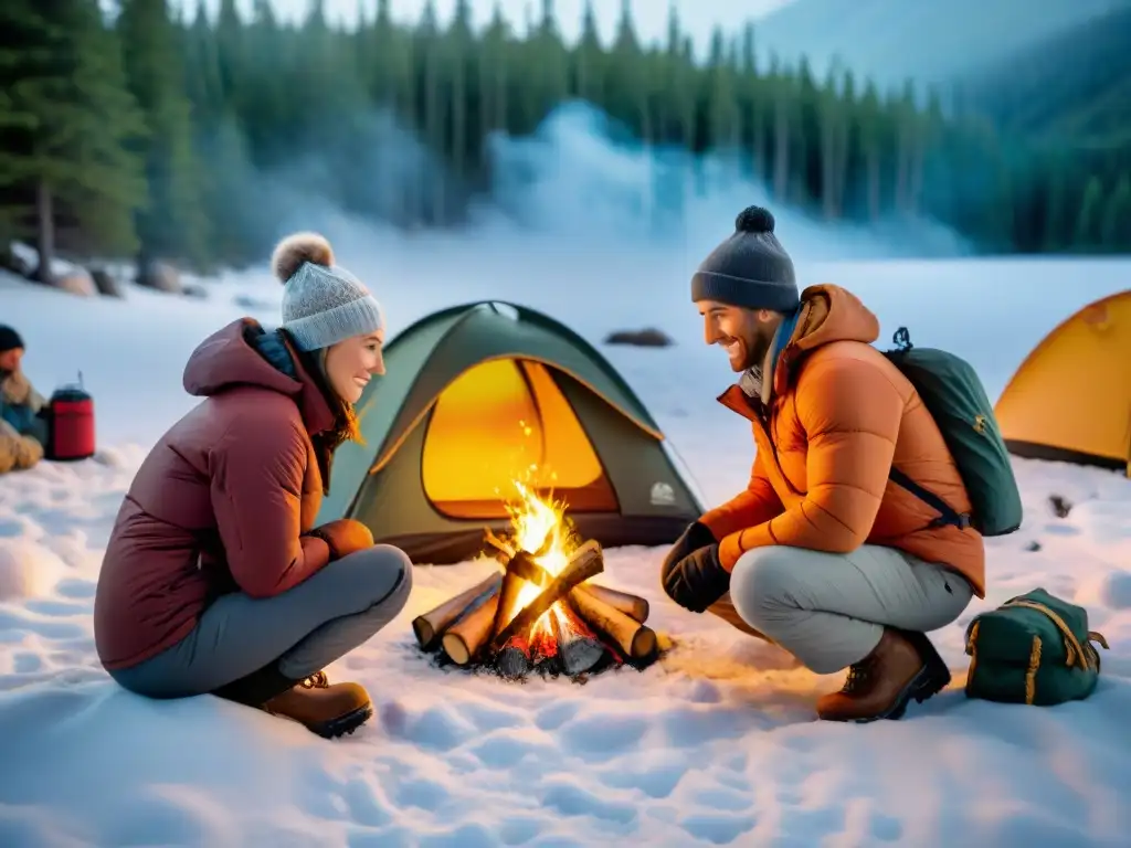 Grupo de campistas en invierno ajustando su vestimenta adecuada para campismo invernal, rodeados de un bosque nevado