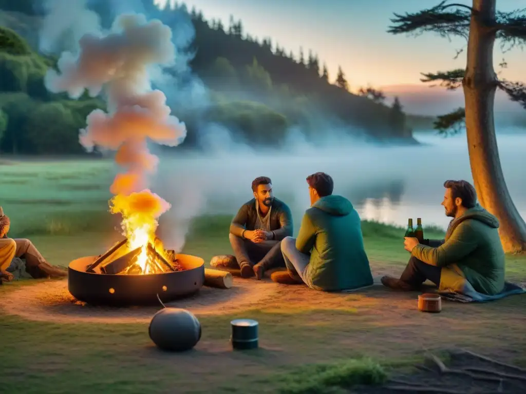 Un grupo de campistas junto a una fogata en los bosques de Uruguay, con neveras portátiles para camping