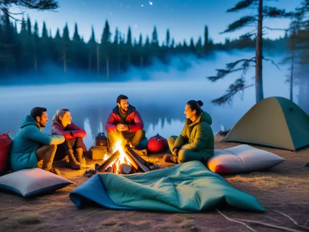 Grupo de campistas junto a fogata en bosque uruguayo, abrigados con mantas térmicas para camping emergencia