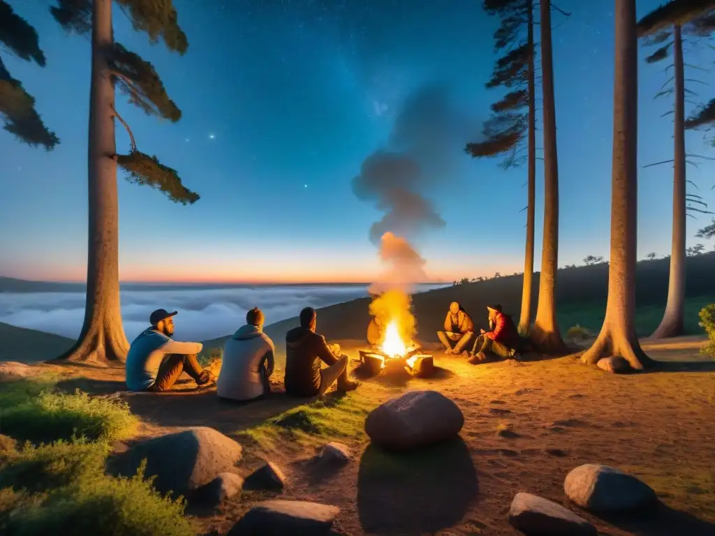 Grupo de campistas junto a fogata en bosque uruguayo, iluminados por luces de campamento