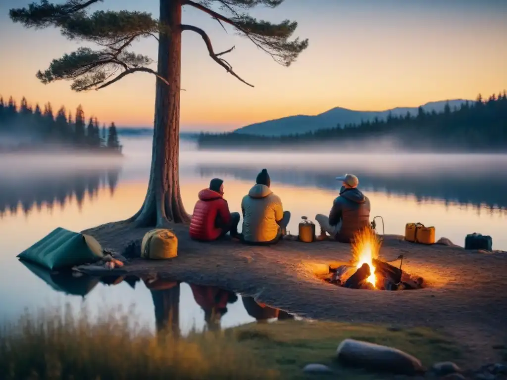 Grupo de campistas junto a fogata al atardecer en el camping