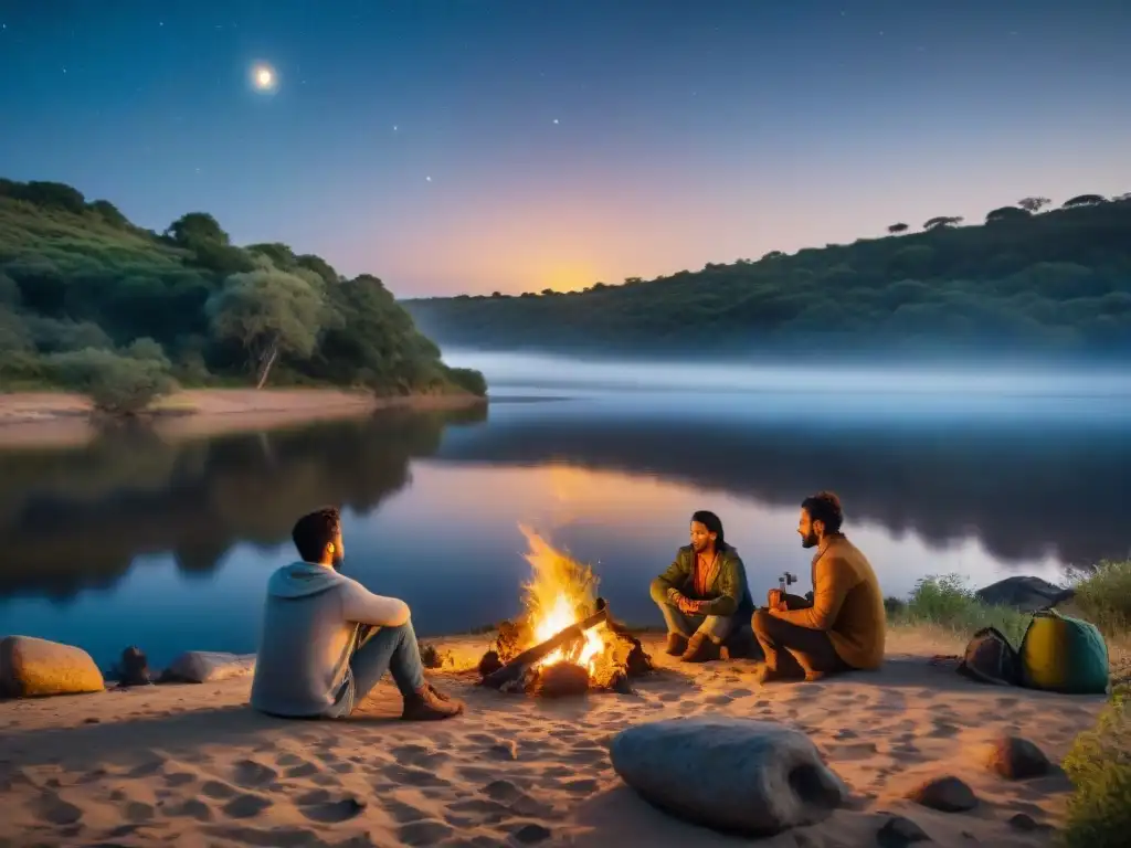 Grupo de campistas escuchando leyendas locales alrededor de una fogata en la ribera de un río uruguayo en una noche estrellada