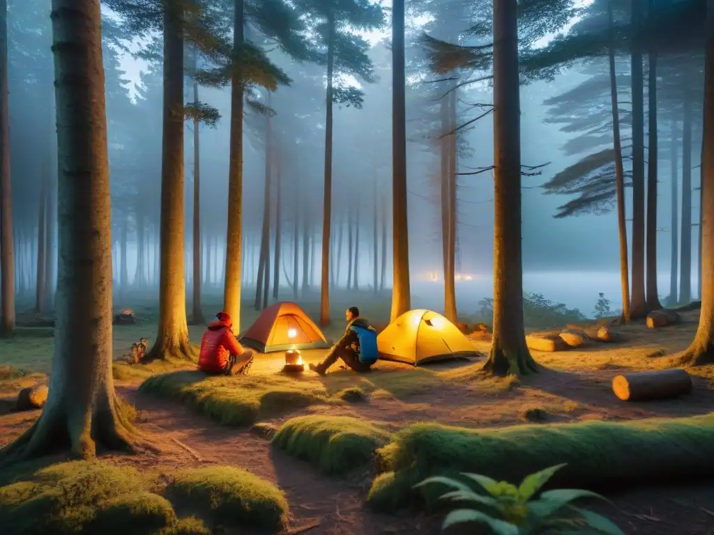 Grupo de campistas con linternas en un bosque de Uruguay resaltando la importancia del equipo de camping para la seguridad