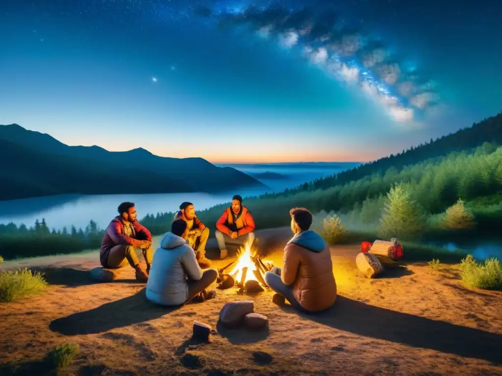 Grupo de campistas con linternas alrededor de fogata, compartiendo historias bajo estrellas