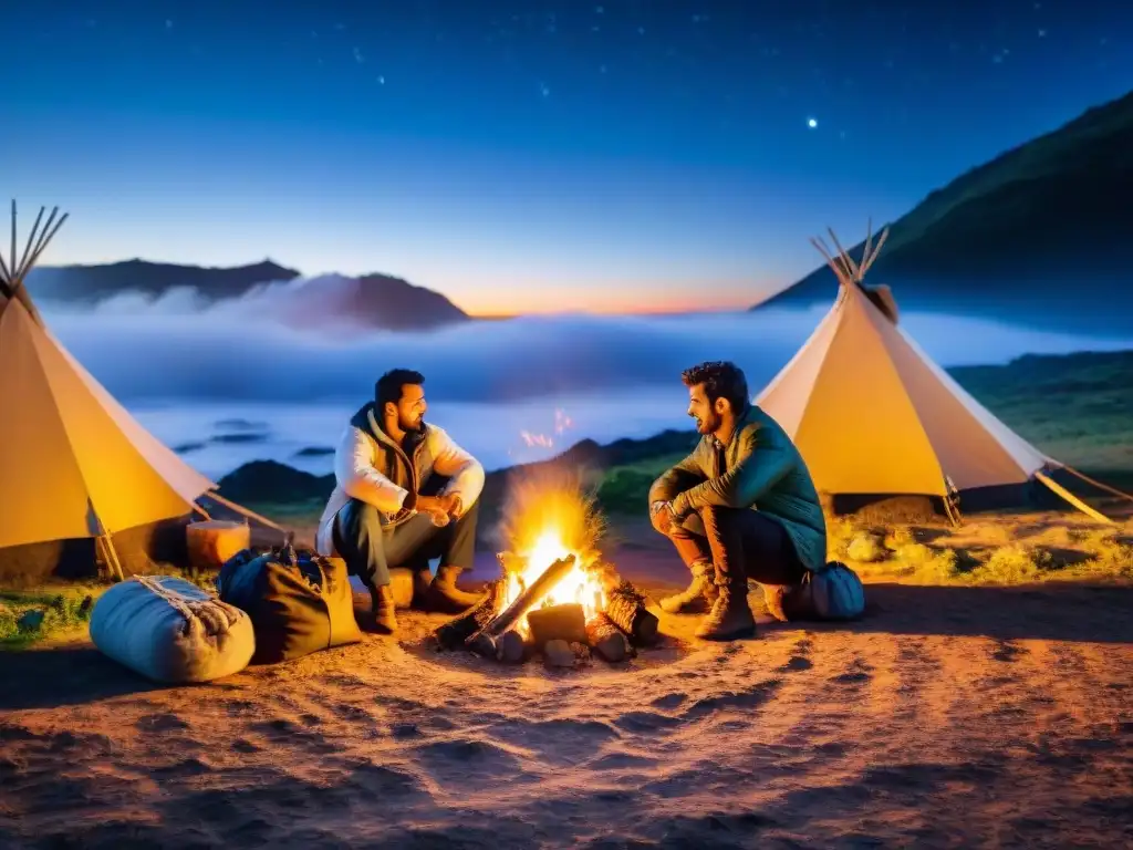 Grupo de campistas locales en Uruguay, disfrutando de una noche estrellada alrededor de una fogata