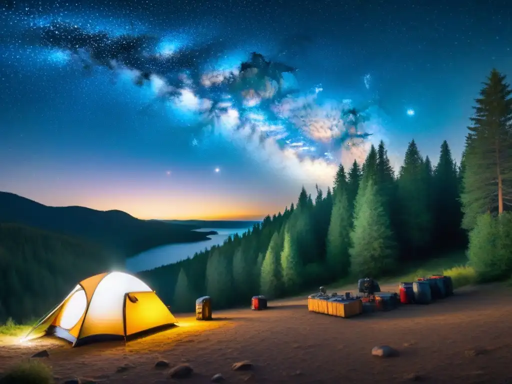 Grupo de campistas maravillados observando el cielo estrellado con telescopio portátil en camping