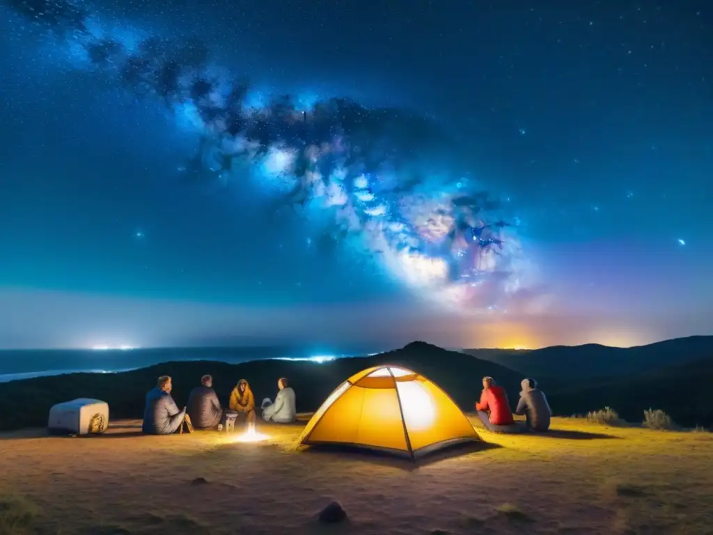 Grupo de campistas maravillados observando las estrellas durante una noche de camping en Uruguay