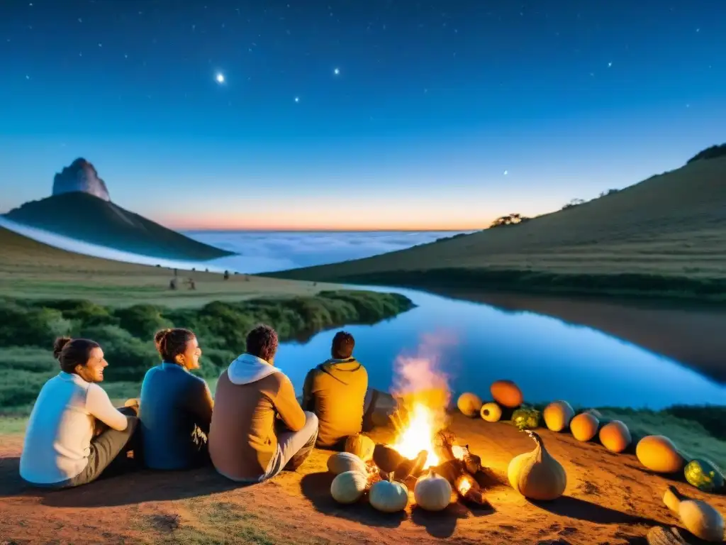 Grupo de campistas en Uruguay, compartiendo mate alrededor de fogata bajo un cielo estrellado