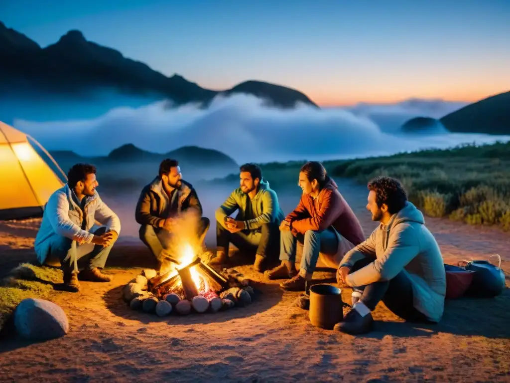 Grupo de campistas disfrutando del mate alrededor de la fogata en un campamento uruguayo, resaltando la cultura de camping en Uruguay