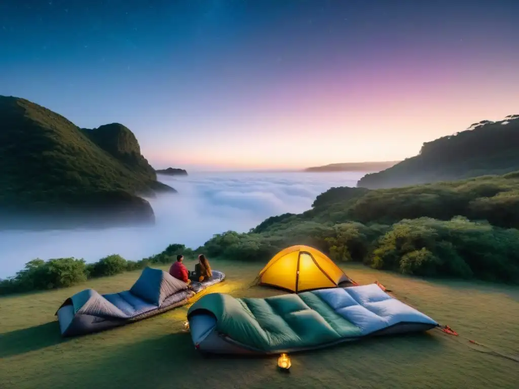 Grupo de campistas en Uruguay con mochilas inteligentes, disfrutando de la noche estrellada en un campamento pintoresco