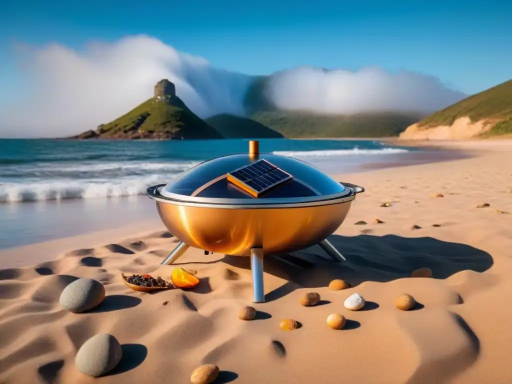 Grupo de campistas cocinando con una moderna cocina solar en una playa de Uruguay