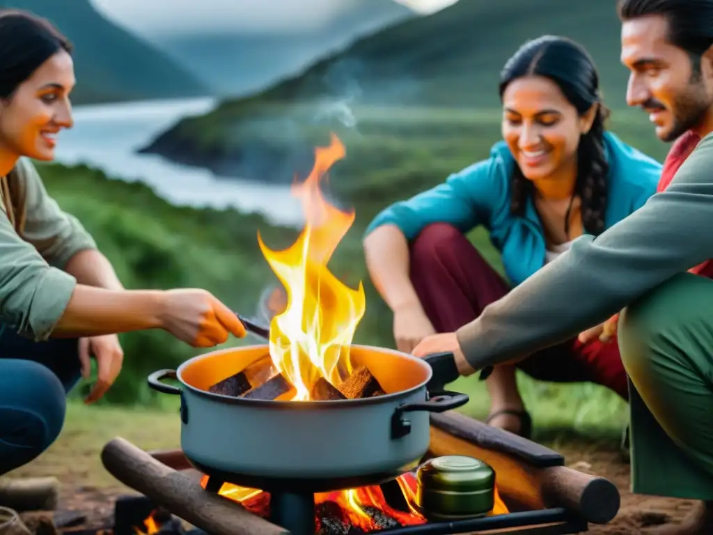 Grupo de campistas cocinando en la naturaleza de Uruguay con hornillos portátiles