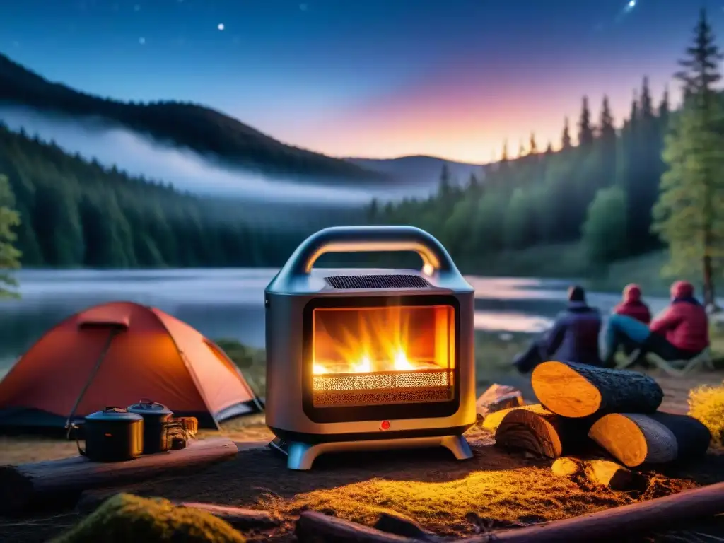 Grupo de campistas disfrutando de la noche alrededor de un calentador portátil en un campamento forestal