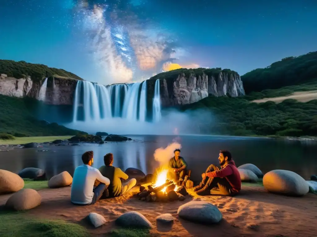 Grupo de campistas disfrutando de una noche estrellada alrededor de una fogata en la naturaleza de Uruguay, junto a una cascada