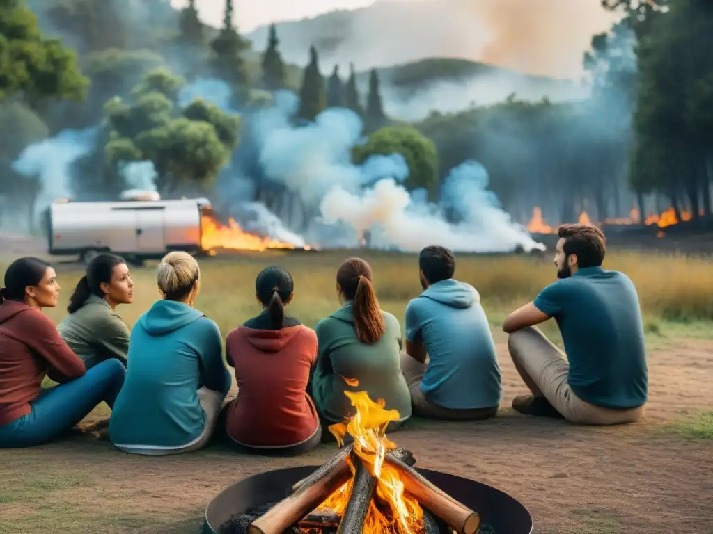 Grupo de campistas aprendiendo normativas prevención incendios camping Uruguay en un bosque exuberante