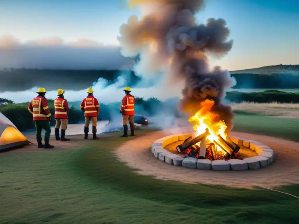 Grupo de campistas siguiendo normativas prevención incendios camping en Uruguay, con equipamiento y capacitación de bomberos forestales