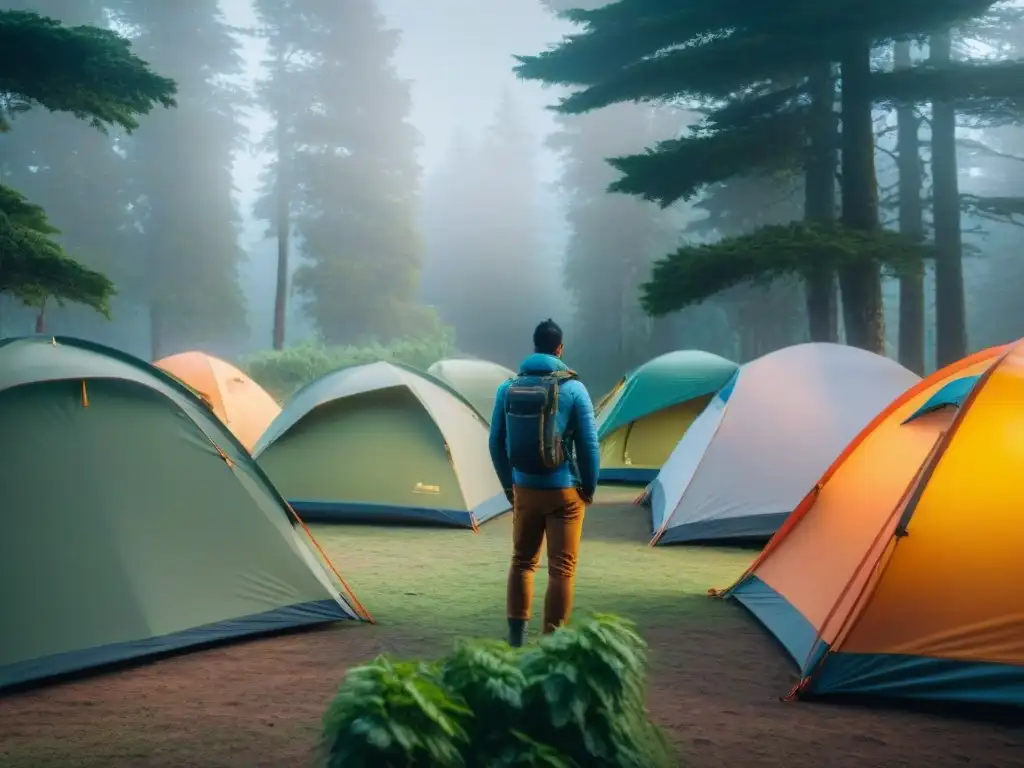 Grupo de campistas novatos siguiendo consejos de supervivencia para armar campamento seguro en la naturaleza de Uruguay