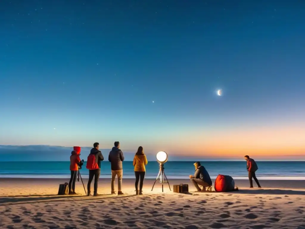 Grupo de campistas disfrutando de la observación astronómica en playas de Uruguay bajo el cielo estrellado