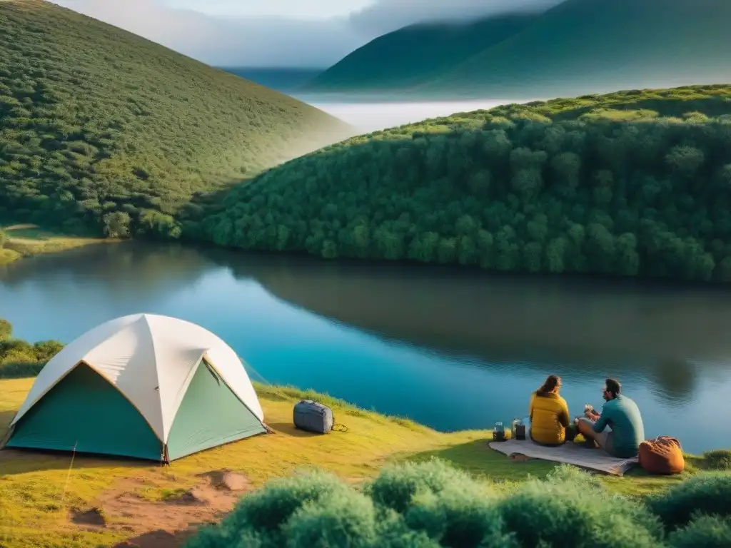 Grupo de campistas en el paisaje de Uruguay, montando carpas cerca de un río, rodeados de naturaleza exuberante