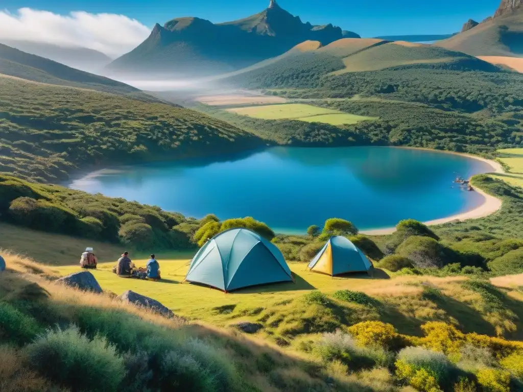 Grupo de campistas en un paisaje uruguayo, destacando medidas de seguridad en el camping en Uruguay