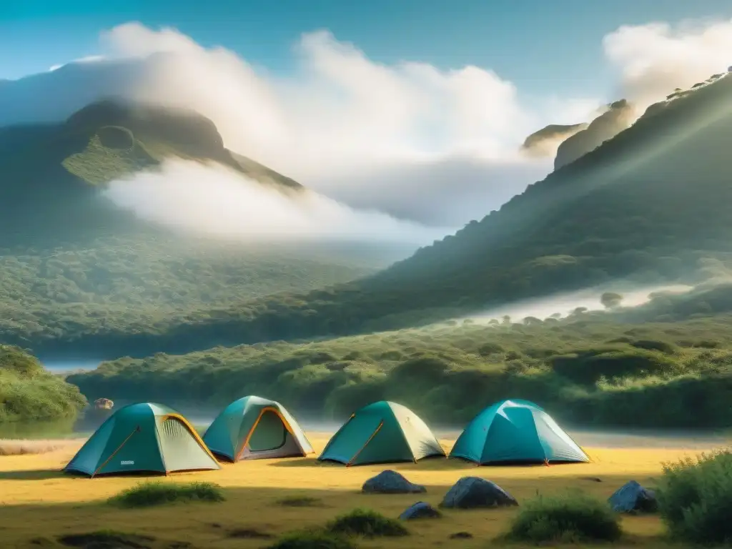 Grupo de campistas en paisajes de Uruguay, explorando bosques, montañas y acampando cerca de un río tranquilo