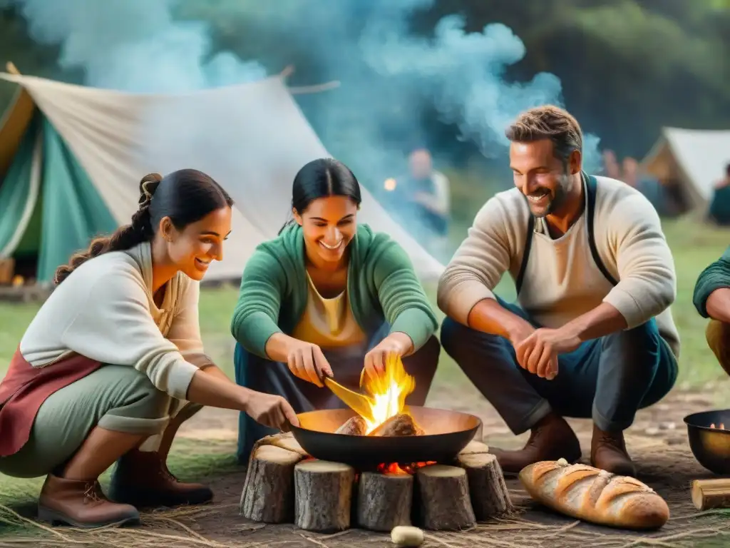 Grupo de campistas haciendo pan casero en un camping de Uruguay, uniendo lazos y compartiendo recetas