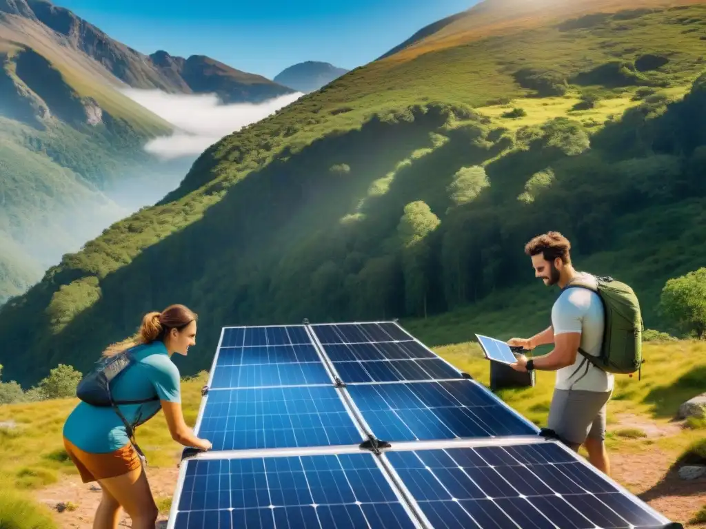 Un grupo de campistas diversos monta paneles solares portátiles en un campamento, rodeados de naturaleza, bajo un cielo azul claro