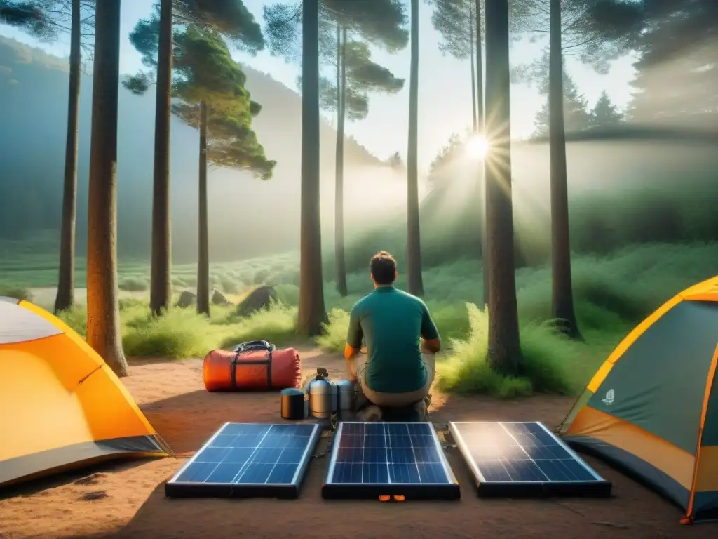 Grupo de campistas montando paneles solares portátiles en un bosque verde en Uruguay