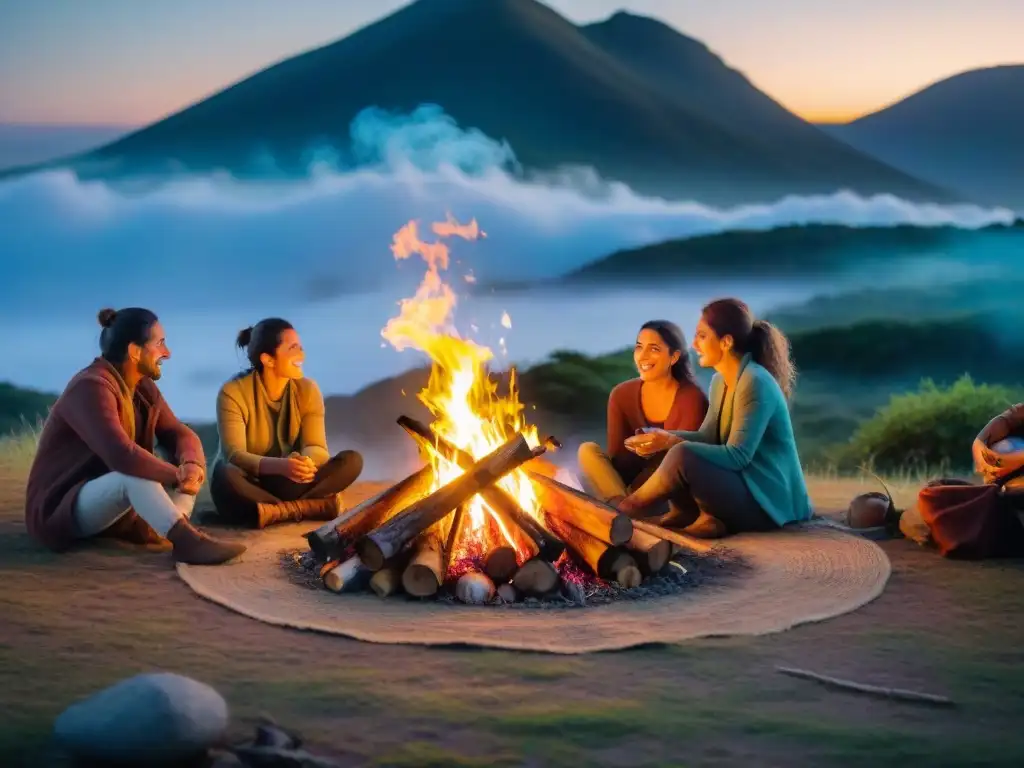 Grupo de campistas en Uruguay sin pantallas compartiendo historias alrededor de la fogata bajo un cielo estrellado