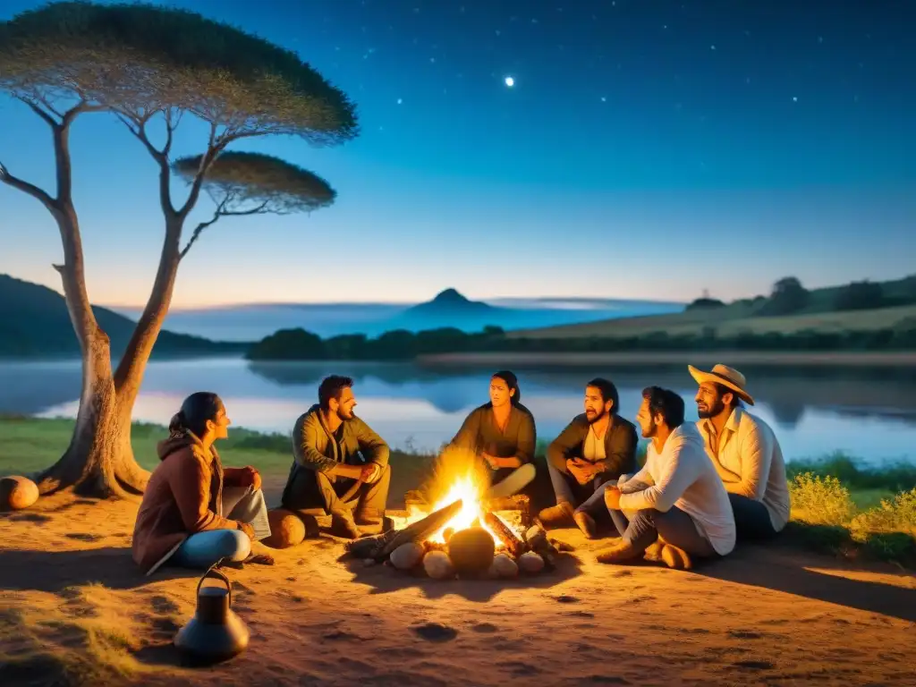 Grupo de campistas en Uruguay sin pantallas reunidos alrededor de fogata bajo cielo estrellado, compartiendo historias y risas en la naturaleza