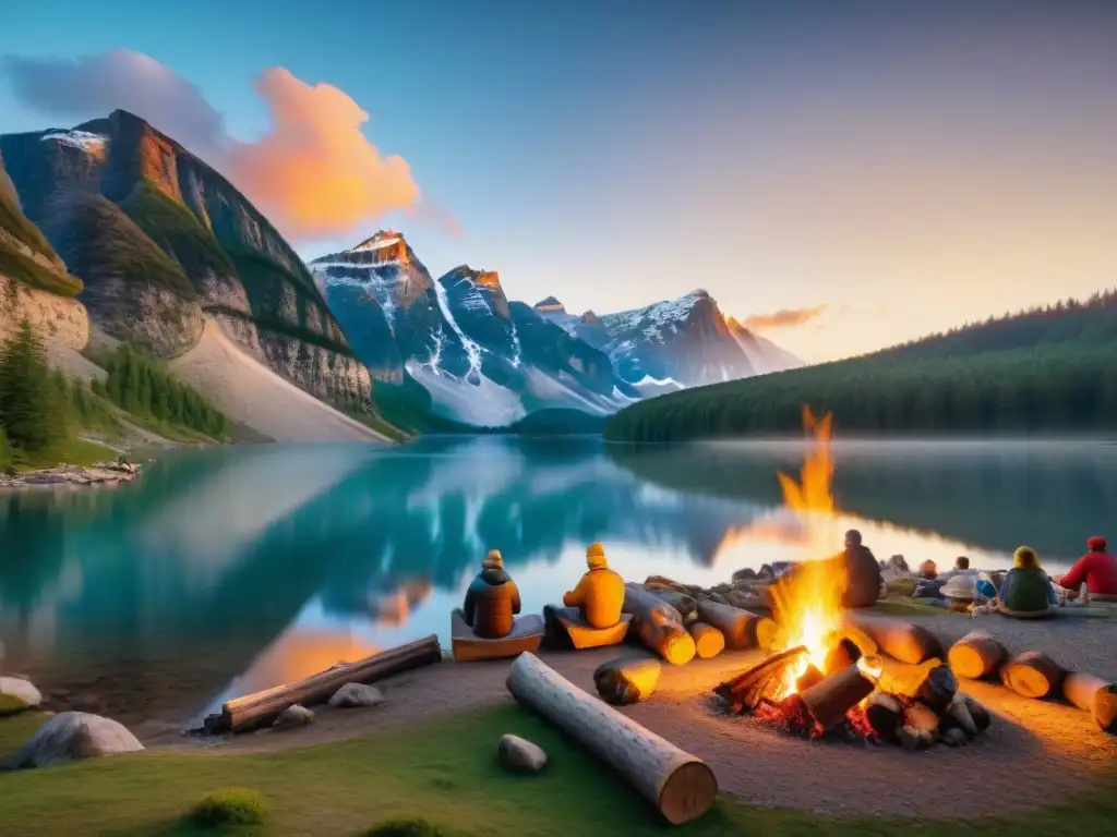 Grupo de campistas disfrutando de pescado a la parrilla alrededor de fogata en un campamento al atardecer en un tranquilo lago