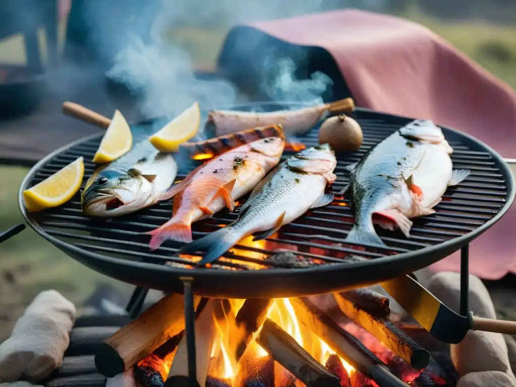 Grupo de campistas disfrutando de pescado a la parrilla en un camping uruguayo pintoresco al atardecer