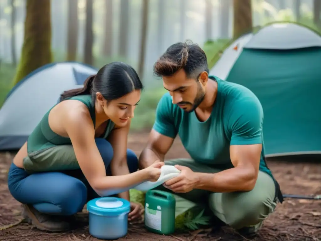 Grupo de campistas aplicando primeros auxilios en un bosque de Uruguay