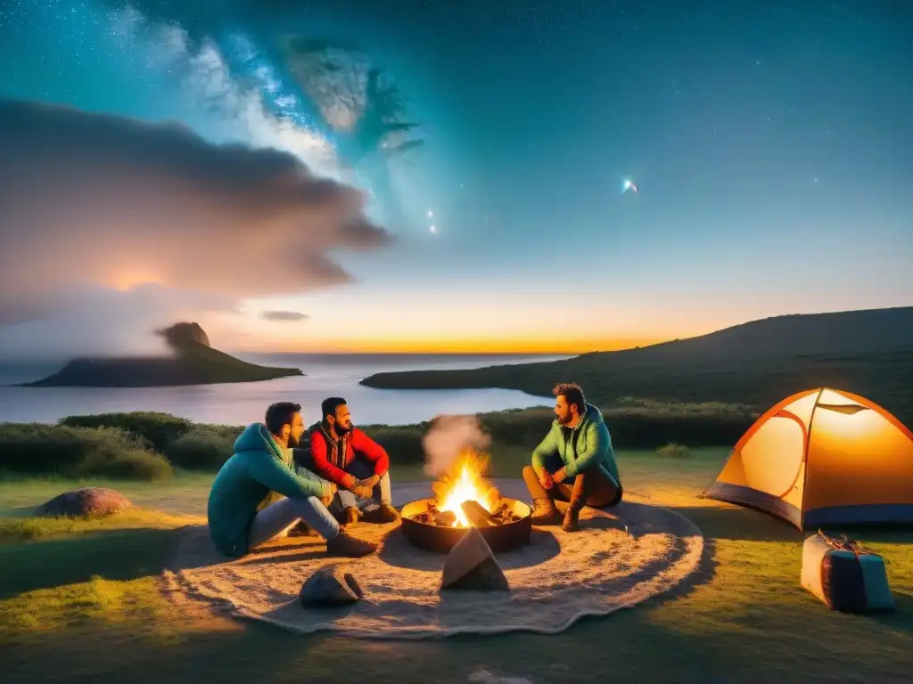 Un grupo de campistas disfruta de una puesta de sol en Uruguay con sillas y mesas portátiles camping