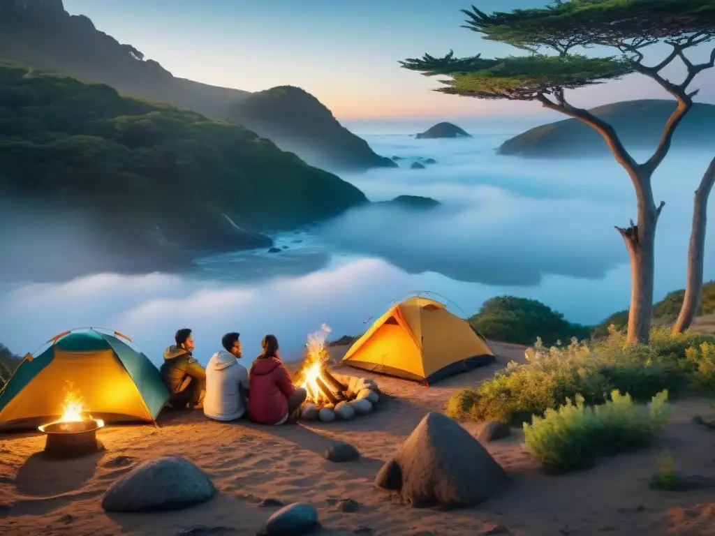 Grupo de campistas practicando la minimización de rastros camping en Uruguay al atardecer, en armonía con la naturaleza