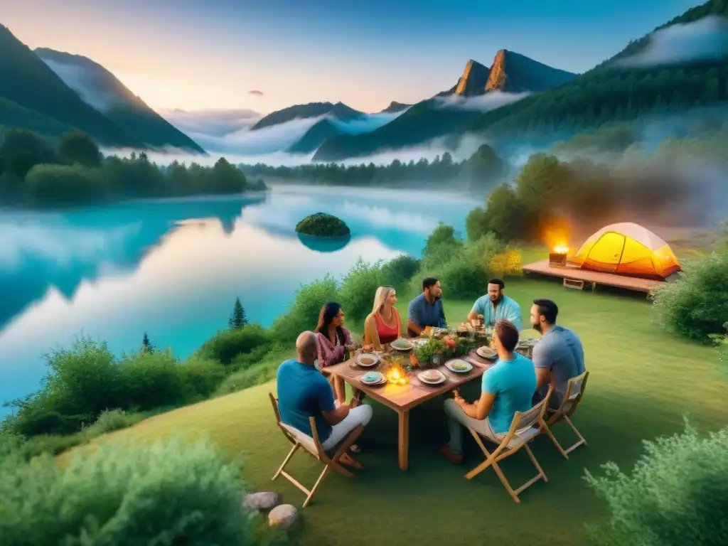 Un grupo de campistas disfruta de Recetas camping sin fuego creativas en un entorno natural, compartiendo momentos de alegría y camaradería