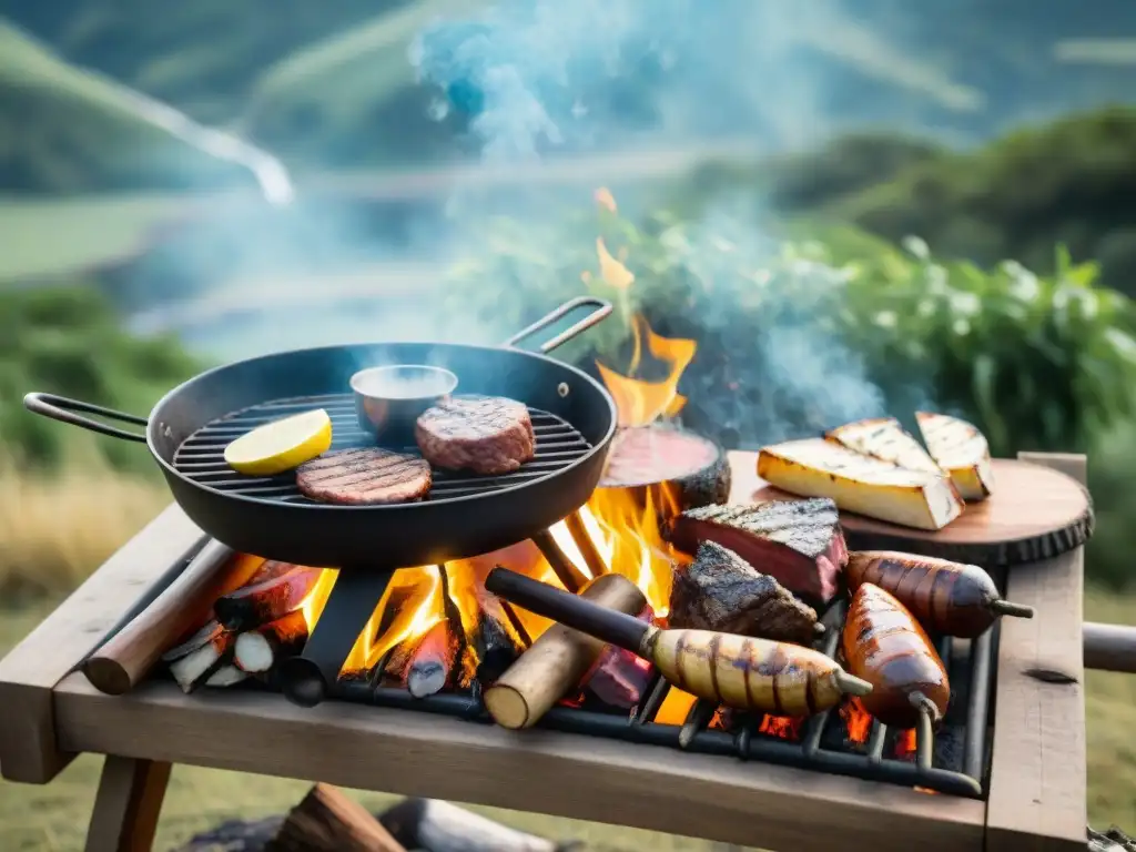 Grupo de campistas preparando recetas camping Uruguay aire libre alrededor de una parrilla y olla en un entorno natural en Uruguay