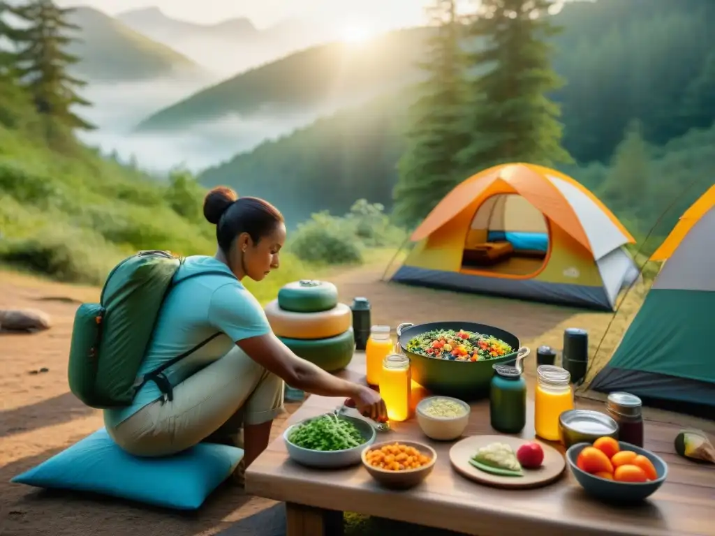 Un grupo de campistas preparando recetas camping sin fuego creativas en un claro del bosque