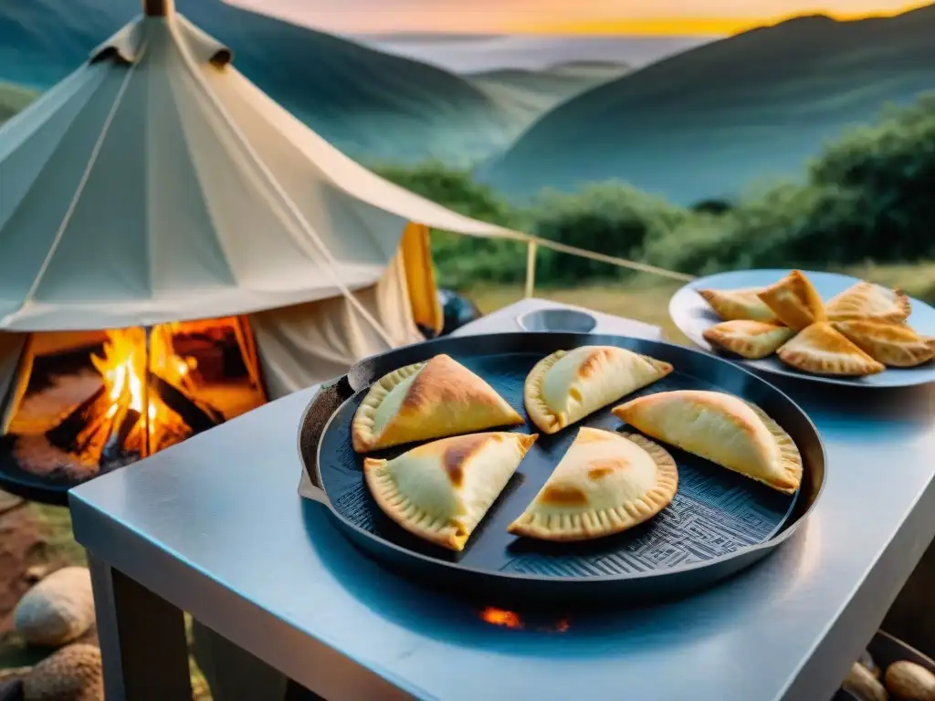 Un grupo de campistas preparando recetas de empanadas uruguayas alrededor de un disco en un campamento, bajo un cielo estrellado