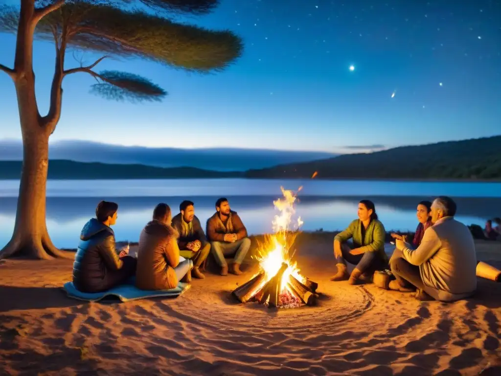 Grupo de campistas escuchando relatos junto a fogata en camping uruguayo al anochecer