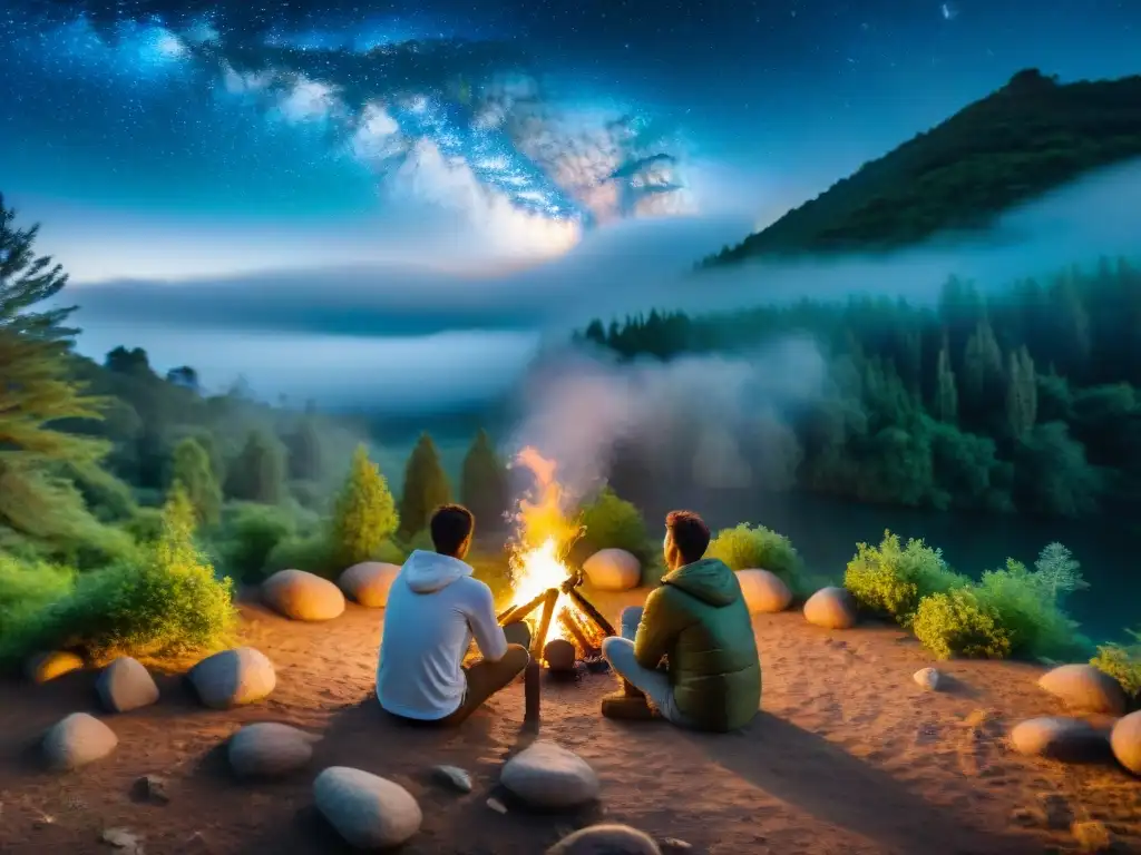 Grupo de campistas en retiro camping naturaleza Uruguay, rodeados de naturaleza, compartiendo junto al fuego bajo un cielo estrellado