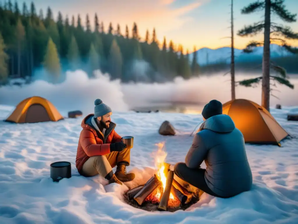 Un grupo de campistas reunidos alrededor de una fogata en la nieve, disfrutando de recetas de cocina de campamento invierno