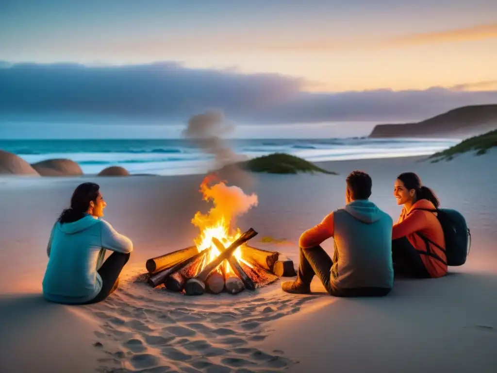 Un grupo de campistas reunidos alrededor de una fogata en el Parque Nacional Cabo Polonio al atardecer, compartiendo historias