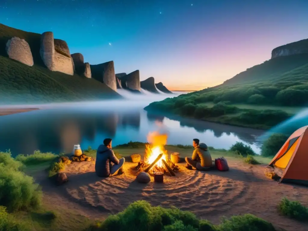 Grupo de campistas cerca de ríos y lagunas en Uruguay, disfrutando de fogata nocturna bajo estrellado cielo